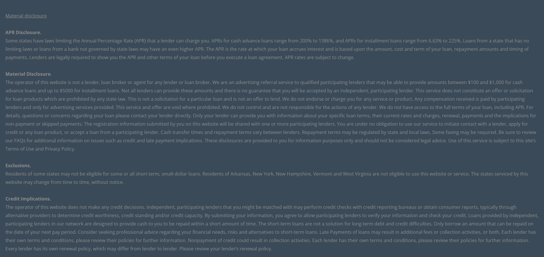 Material disclosure for payday loans in Pearland Texas